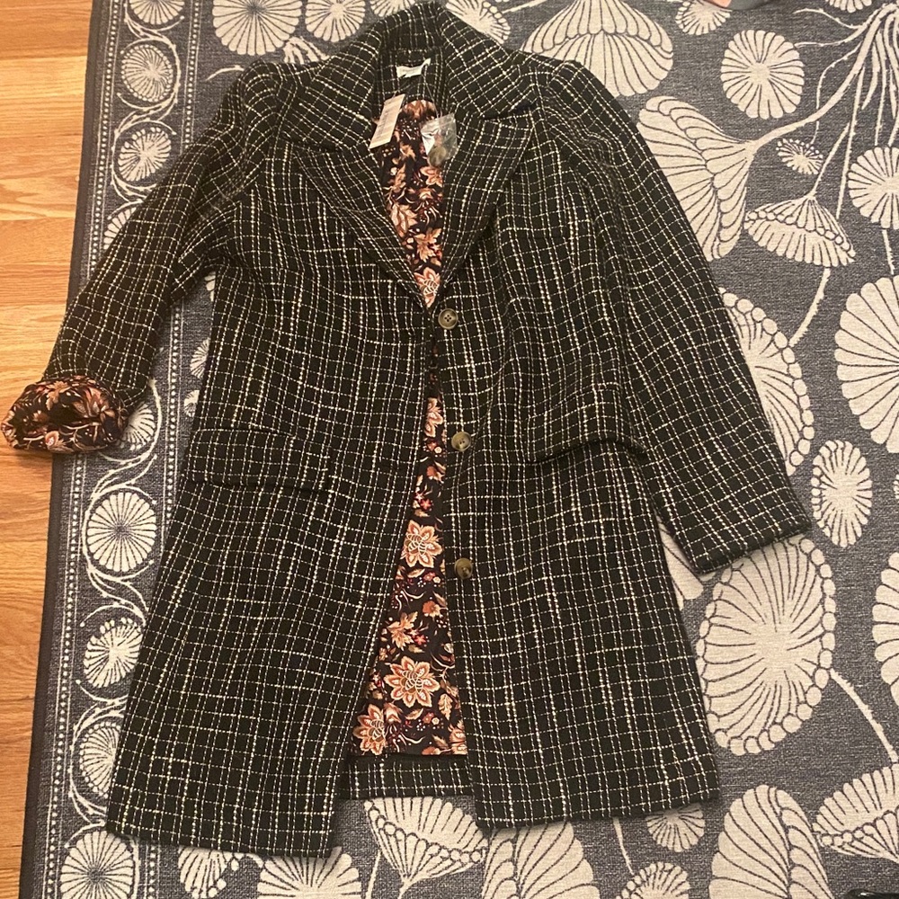 Sundance Black Windowpane Long Coat with Floral Lining